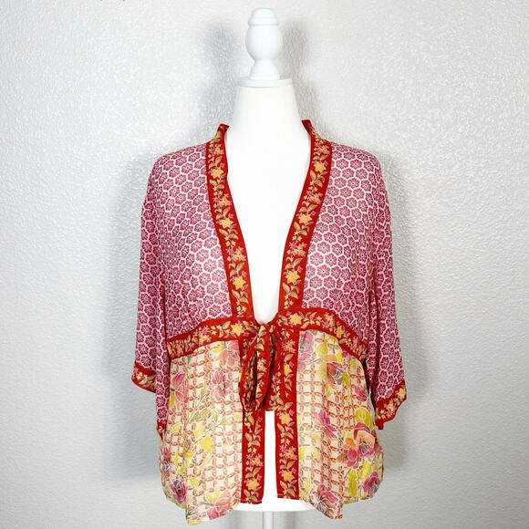 Coldwater Creek Womens Boho Silk Chiffon Print Kimono Front Tie Top Colorful 1X - Picture 1 of 12